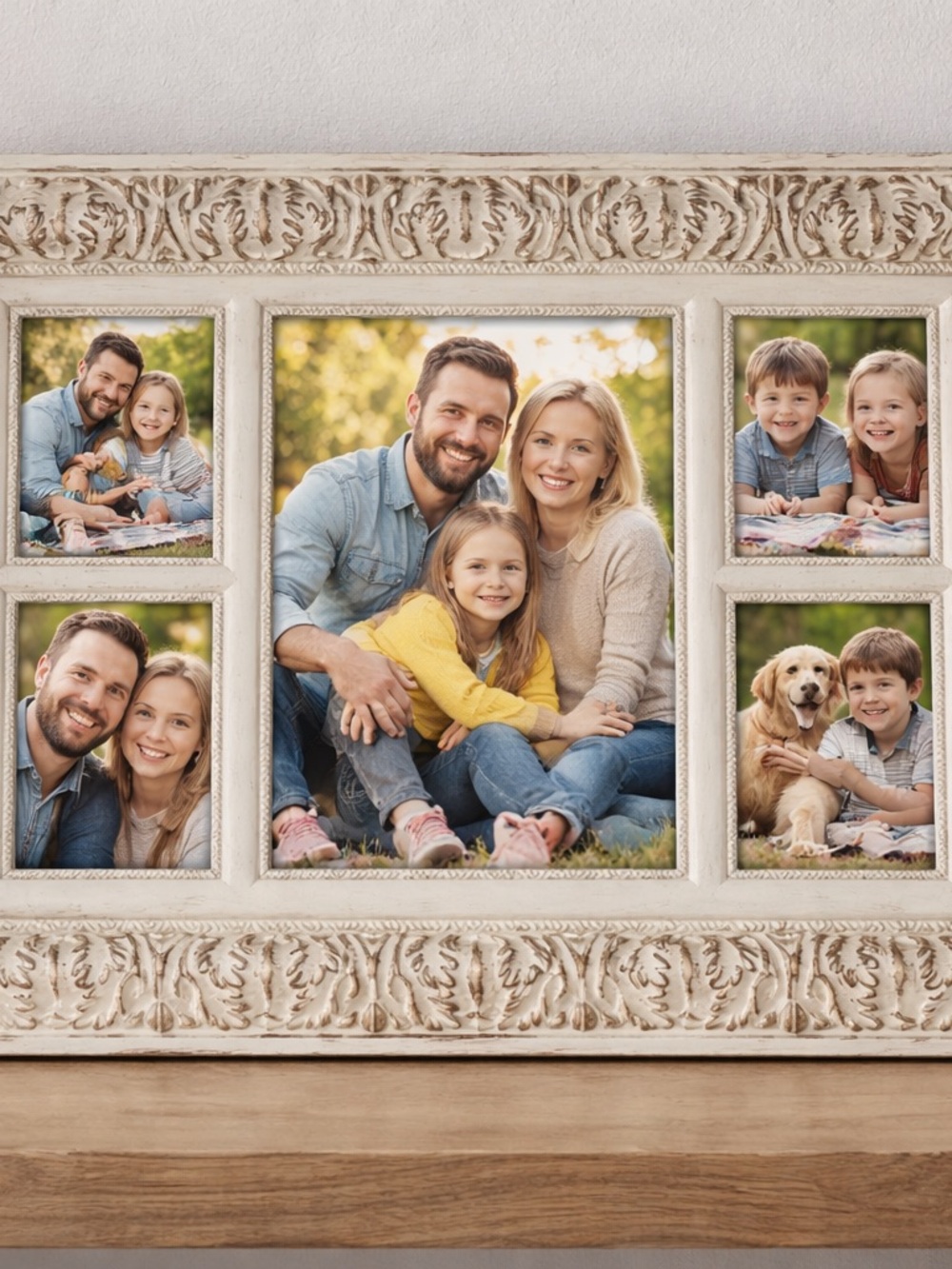 Vintage Ornate Collage Frame 4x6 Center 2x3 Sides Cream